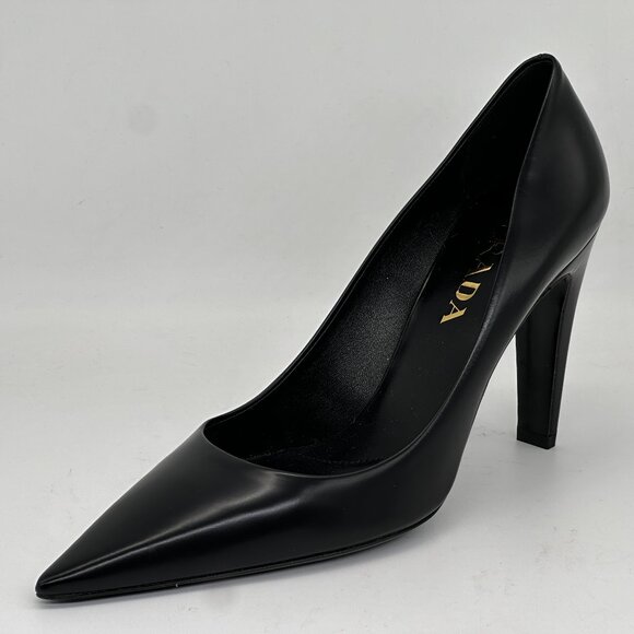 PRADA Triangle Show Leather Pointed Toe Pumps Heels Shoes Black - Picture 5 of 15